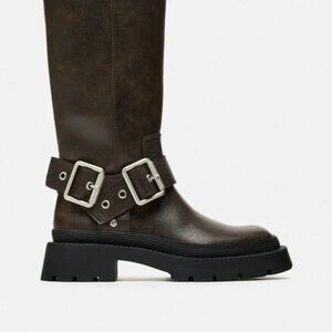 ZARA BROWN BIKER BOOTS WITH BUCKLES - SIZE 39 EXCELLENT CONDITION